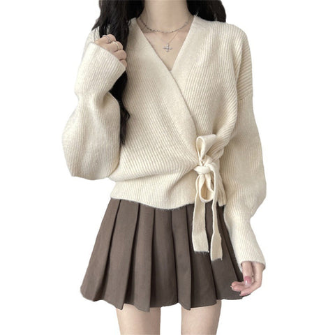 Knitted Cardigan Women Sweater V-Neck Lace-up Irregular Clothes