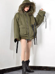 Korean Style Winter Coat Women  Ribbon Pocket Short Parka Trend Hooded Zipper Tops  Loose Women Clothes