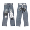 Full range of cross leather label washed jeans couple street baggy denim pants