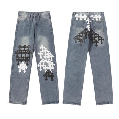 Full range of cross leather label washed jeans couple street baggy denim pants