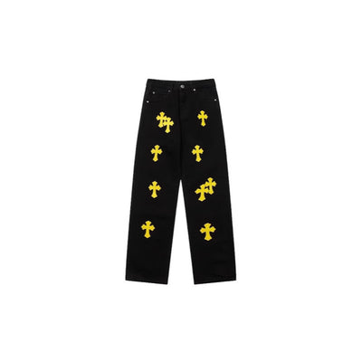 Full range of cross leather label washed jeans couple street baggy denim pants