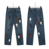 Full range of cross leather label washed jeans couple street baggy denim pants