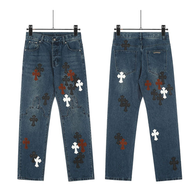 Full range of cross leather label washed jeans couple street baggy denim pants