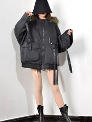 Korean Style Winter Coat Women  Ribbon Pocket Short Parka Trend Hooded Zipper Tops  Loose Women Clothes