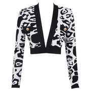 Latest Fashion Star Style Designer Women's Lion Buttons Black White Leopard Print Knitted Cardigan Short Jacke