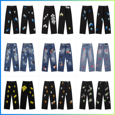 Full range of cross leather label washed jeans couple street baggy denim pants