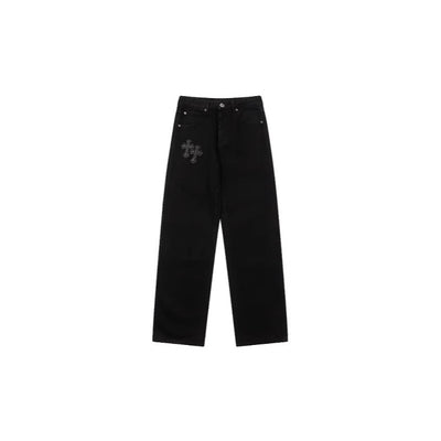 Full range of cross leather label washed jeans couple street baggy denim pants